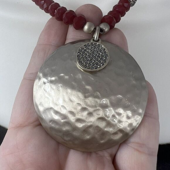 Chico's Necklace Red Beaded Pendant Chunky Adjustable Rhinestone Brass Antiqued - Picture 2 of 5